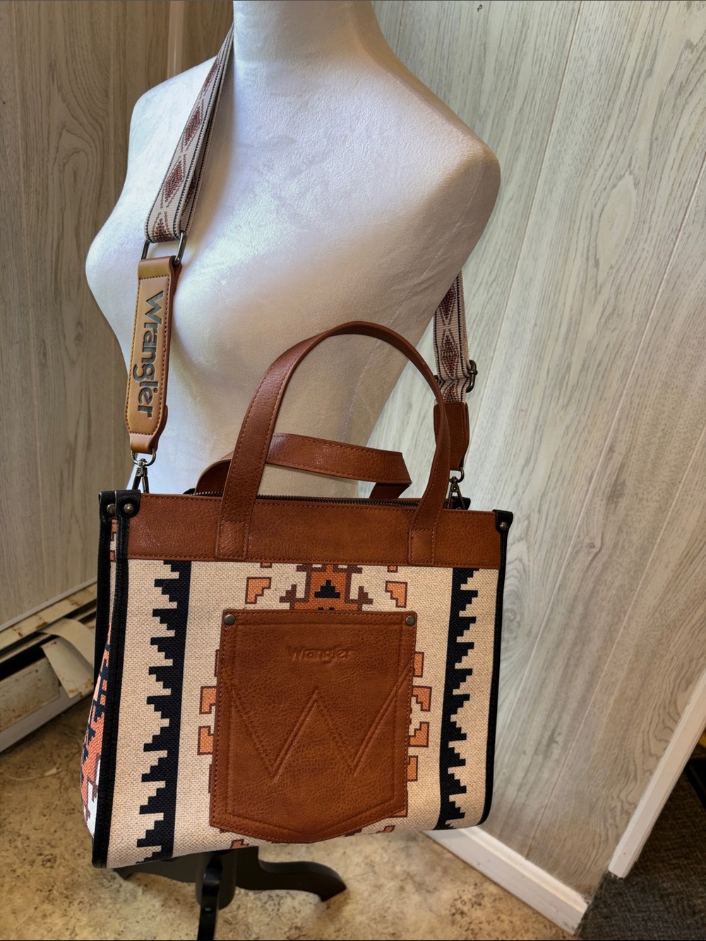Wrangler Brown, Tan & Black Geometric Canvas Tote with Leather Trim